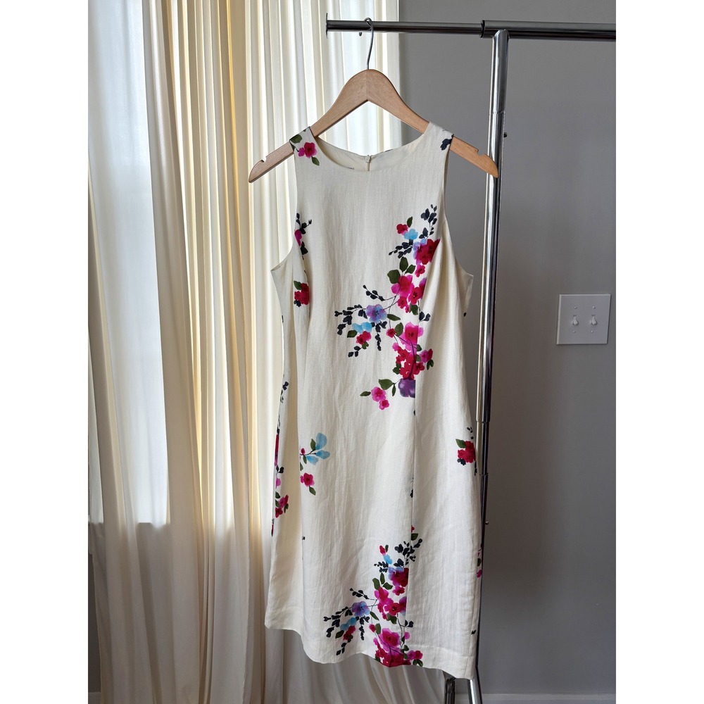 90s Vintage Jones New‎ York Sleeveless Floral Dress Linen Blend Summer Size 8